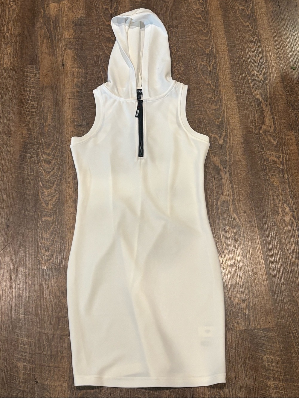GUESS Women's White Sleeveless Quarter-Zip Hooded Bodycon Mini Dress Size Small